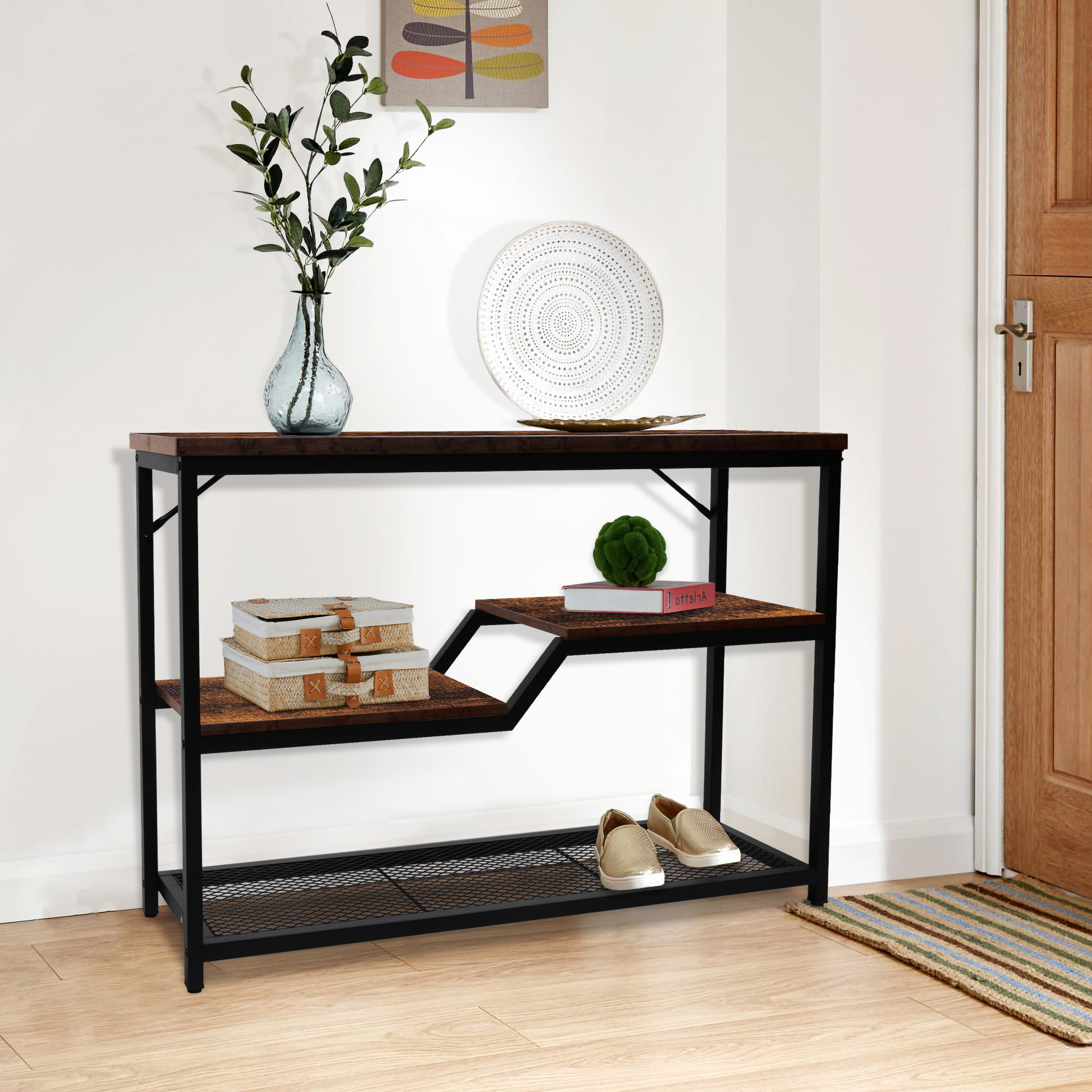 Tektalk console table entryway table sofa table with steel frame and shelf - Image 5