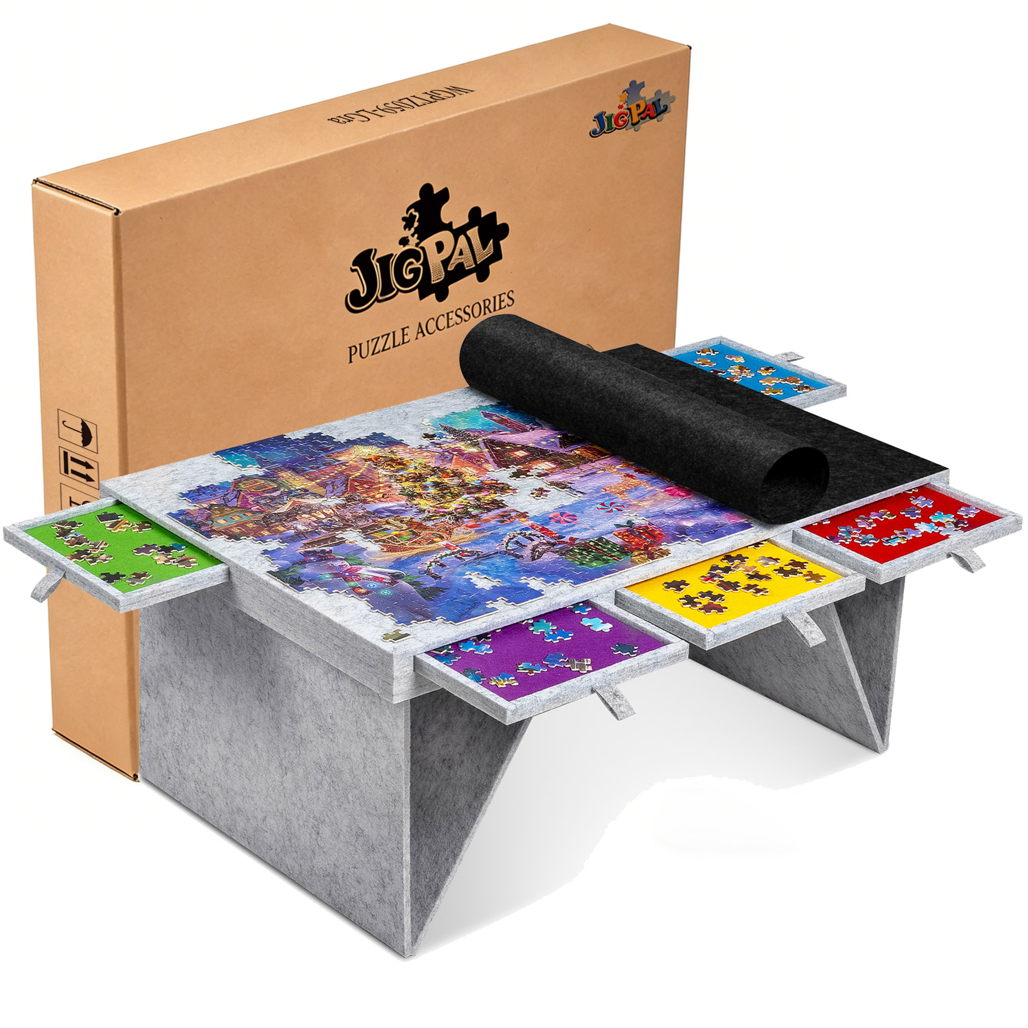 1000 Piece Jigsaw Puzzle Table with 5 Colored Drawers & Foldable Legs - Light Gray