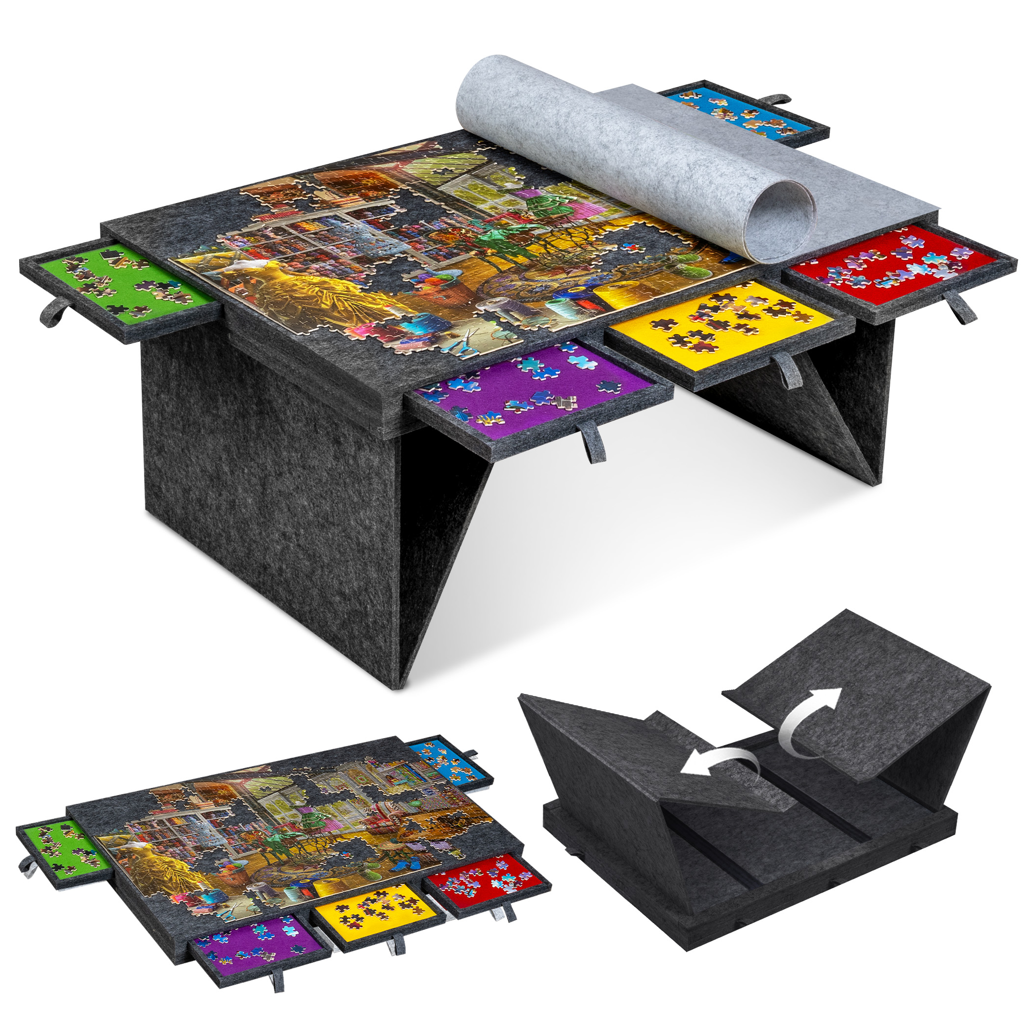 Jigpal 1000 Piece Jigsaw Puzzle Board with 5 Colored Drawers & Cover - Gray