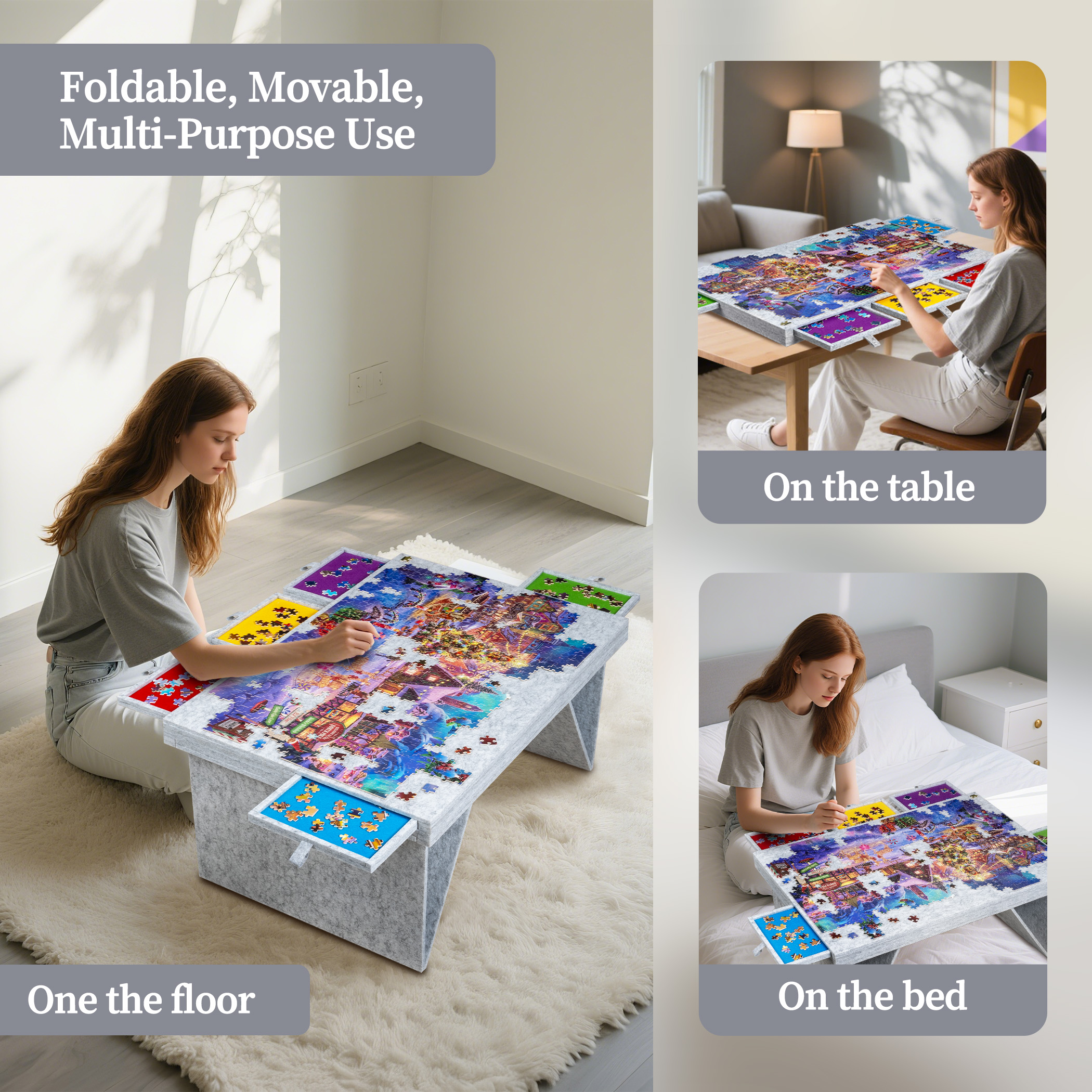 1000 Piece Jigsaw Puzzle Table with 5 Colored Drawers & Foldable Legs - Light Gray - Image 3