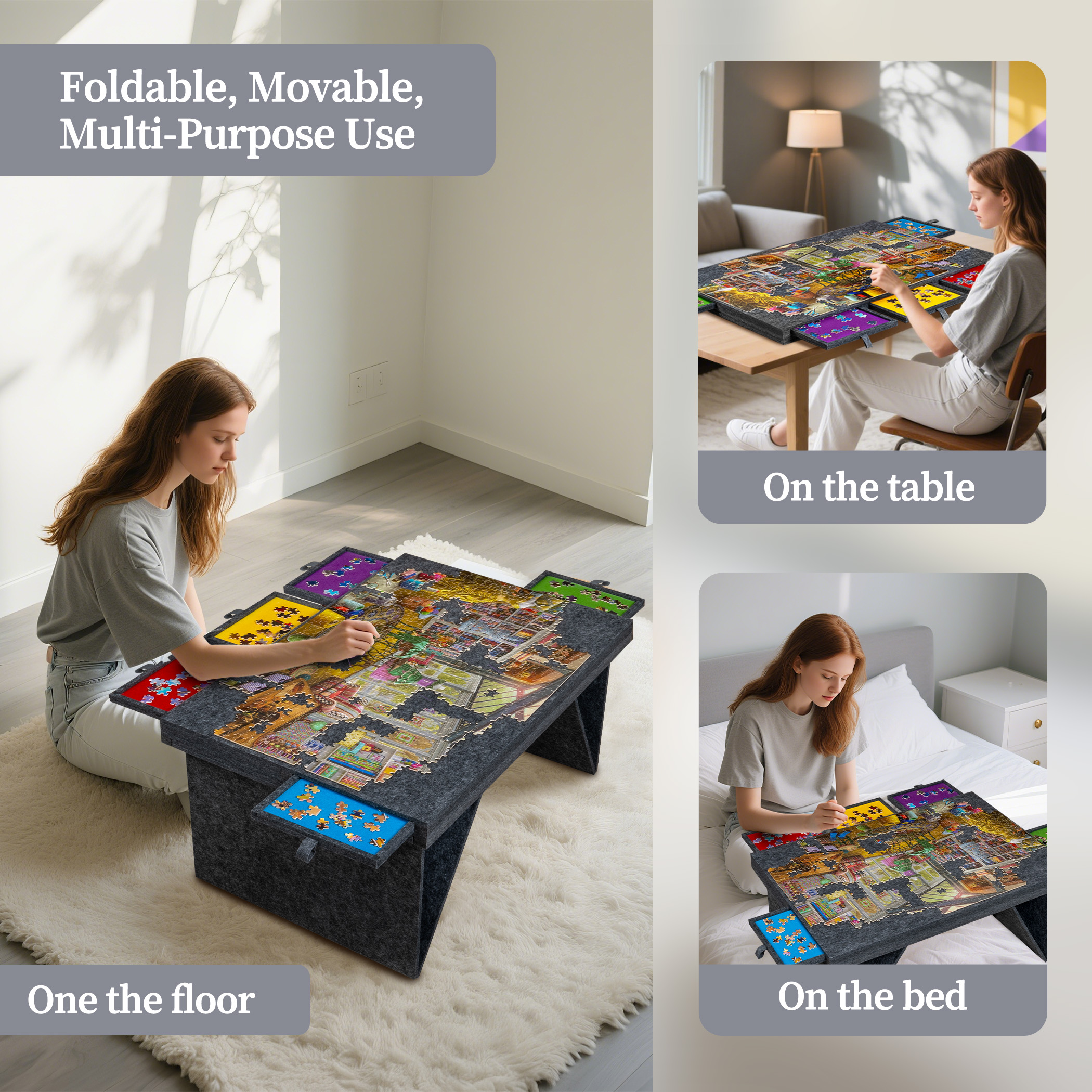 Jigpal 1000 Piece Jigsaw Puzzle Board with 5 Colored Drawers & Cover - Gray - Image 3